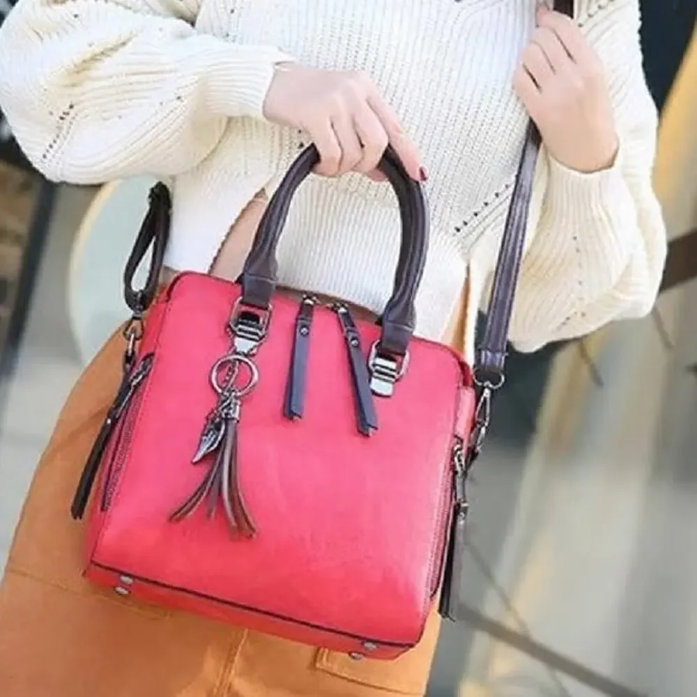 Red Wine plaid fur ball pendant large capacity handbag - Picture 2 of 5